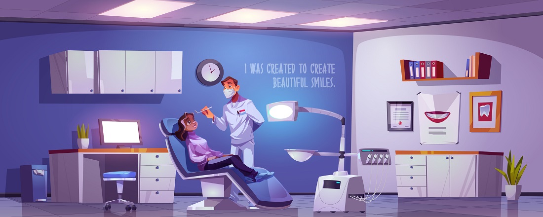 Dental room with woman sitting in chair and doctor